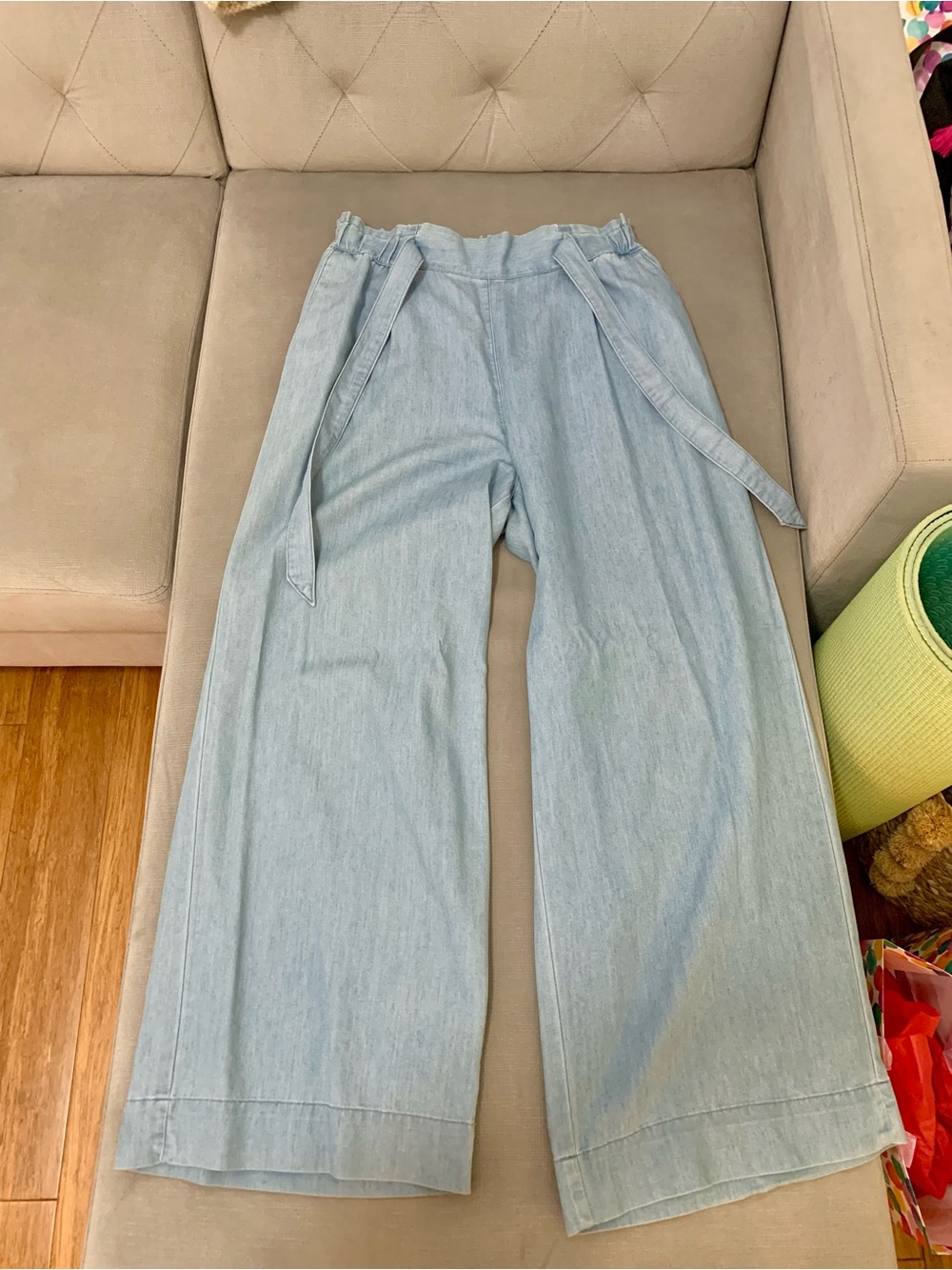 Wide Leg Light Blue Women’s Pants with Self-Tie Belt